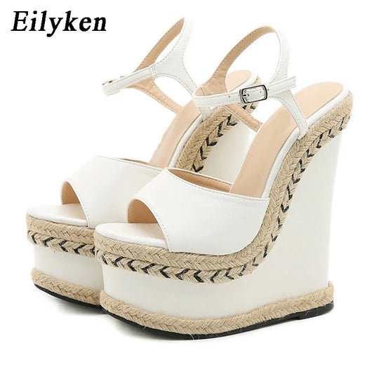 White Platform Wedge Sandals - Women's Open-Toe Dress Shoes, stylish white sandals with braided details and high platform.