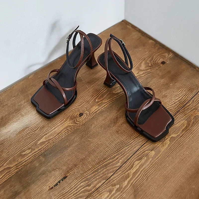 Square-Toe Ankle Strap Heeled Sandals - Women's 7CM Dress Shoes for Parties Handbags The