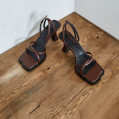Square-Toe Ankle Strap Heeled Sandals - Women's 7CM Dress Shoes for Parties Handbags The