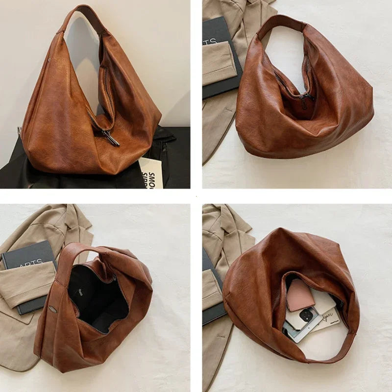 Oversized Hobo Shopper Bag - Women's Soft PU Leather Shoulder & Crossbody Tote Handbags The