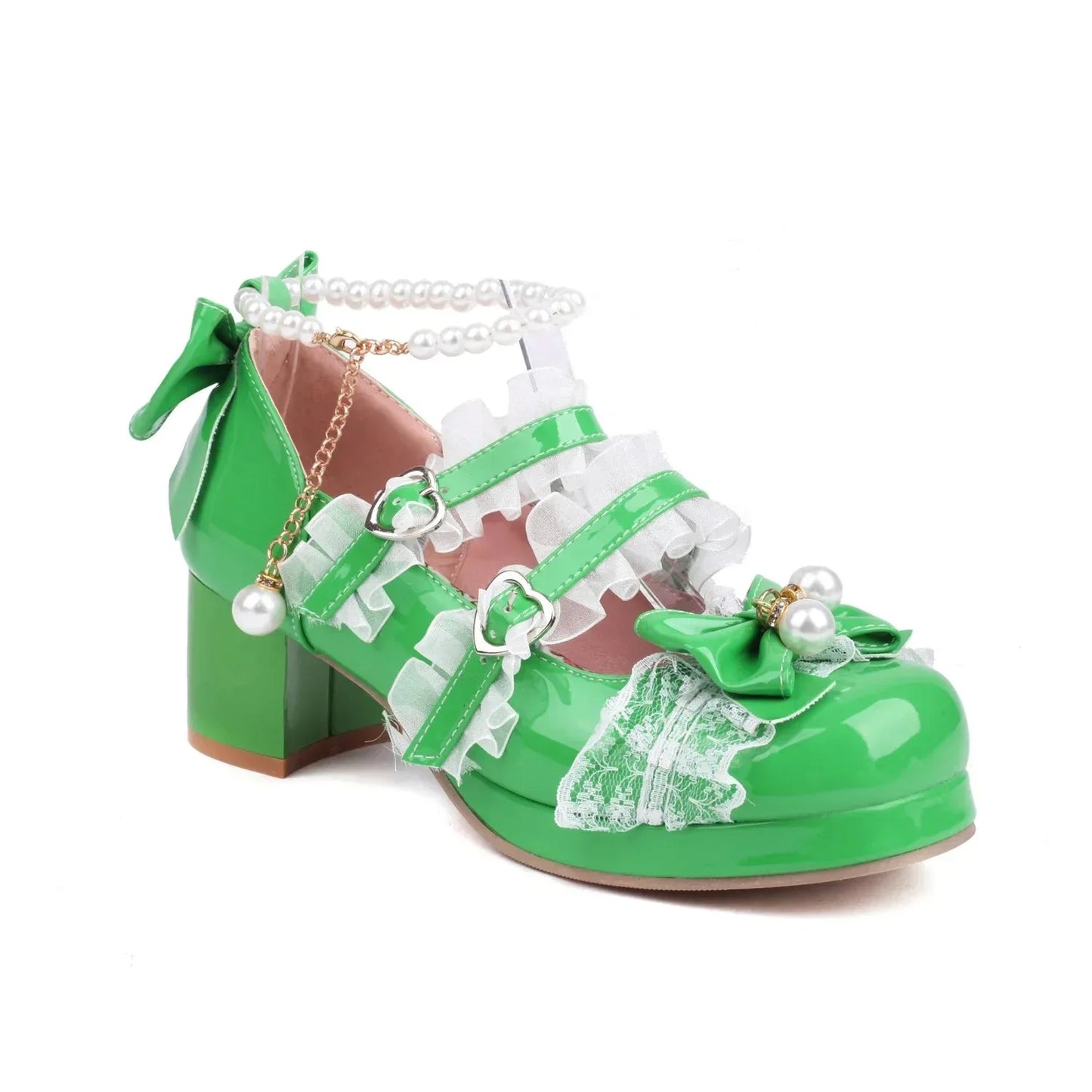 Lolita Bow Mary Jane Pump - Women's Wedding & Cosplay Heels featuring design with bows and pearls.
