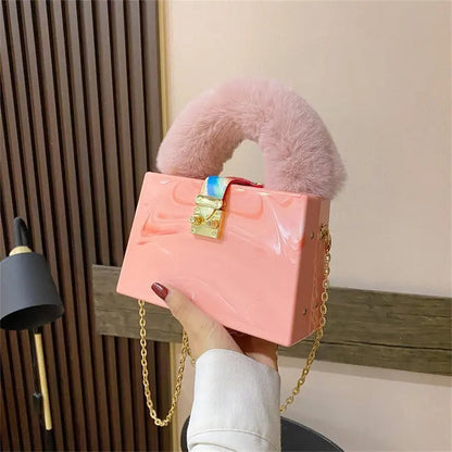 Faux Fur Box Clutch - Women's Designer Evening Bag with Chain Strap Handbags The