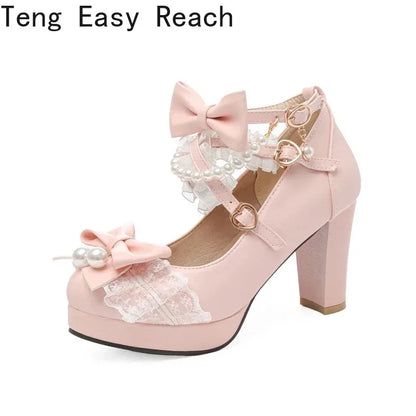 Lolita Bow Mary Jane Pump - Women's Wedding & Cosplay Heels featuring design with bows and pearls.