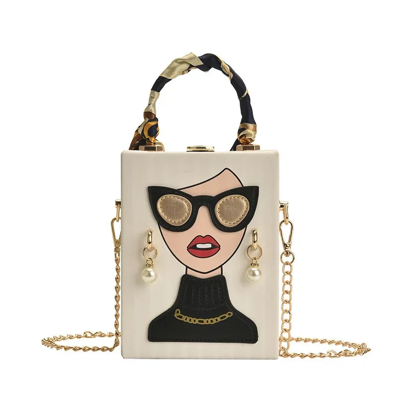 Structured Box Evening Bag - Women's Hard-Shell Party Purse with Chain Strap Handbags The