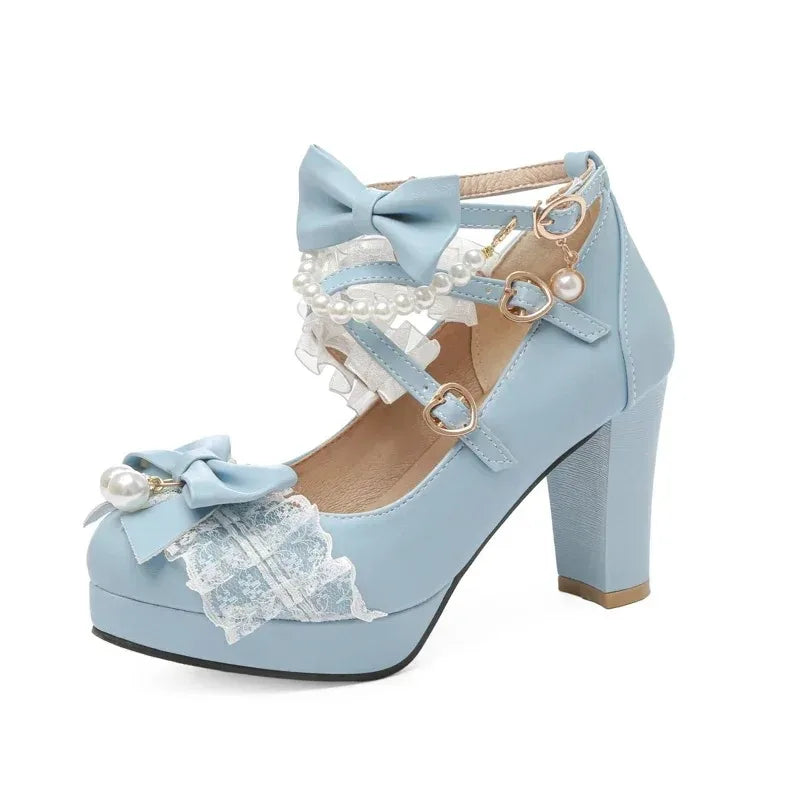Lolita Bow Mary Jane Pump - Women's Wedding & Cosplay Heels featuring design with bows and pearls.