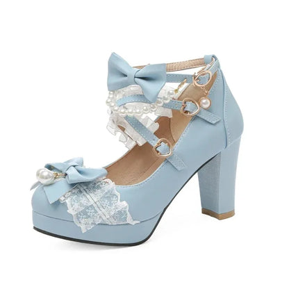 Lolita Bow Mary Jane Pump - Women's Wedding & Cosplay Heels featuring design with bows and pearls.