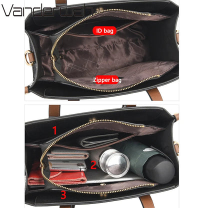 Triple-Compartment Tote Bag - Women's Vintage Leather Carryall for Daily Use Handbags The