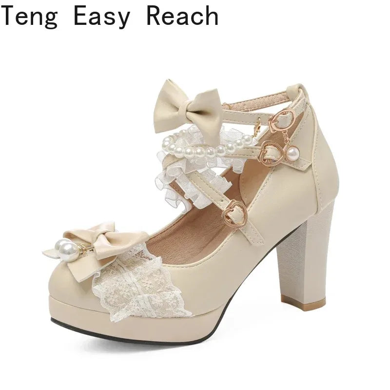 Lolita Bow Mary Jane Pump - Women's Wedding & Cosplay Heels featuring a light blue design with bows and pearls.