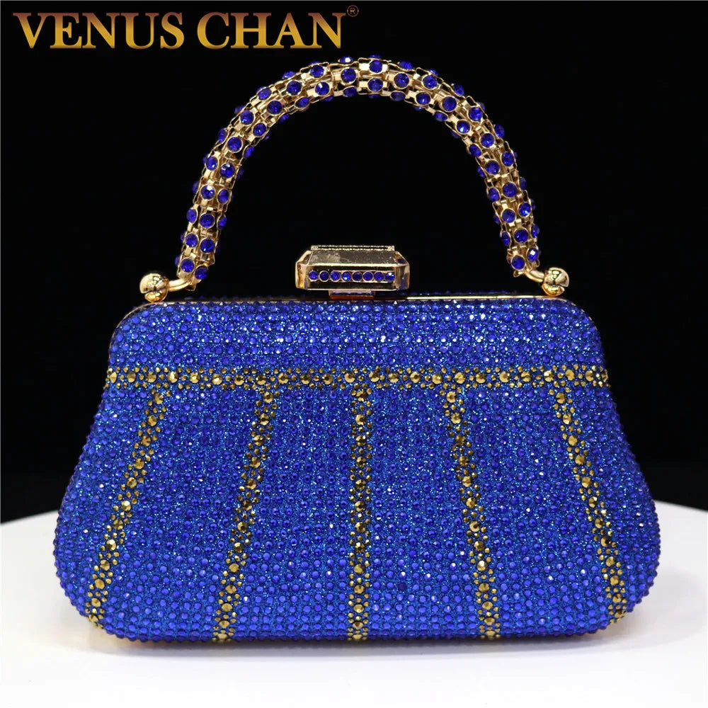 Diamond Minaudiere Clutch - Women's Rhinestone Evening Bag with Chain Strap Handbags The