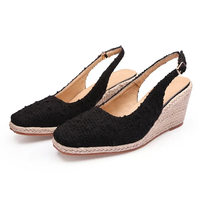 Square-Toe Espadrille Wedge Sandals - Women's Platform Heels in cream color with slingback design.