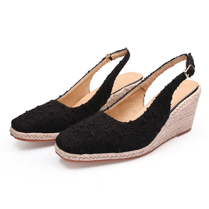 Square-Toe Espadrille Wedge Sandals - Women's Platform Heels in cream color with slingback design.