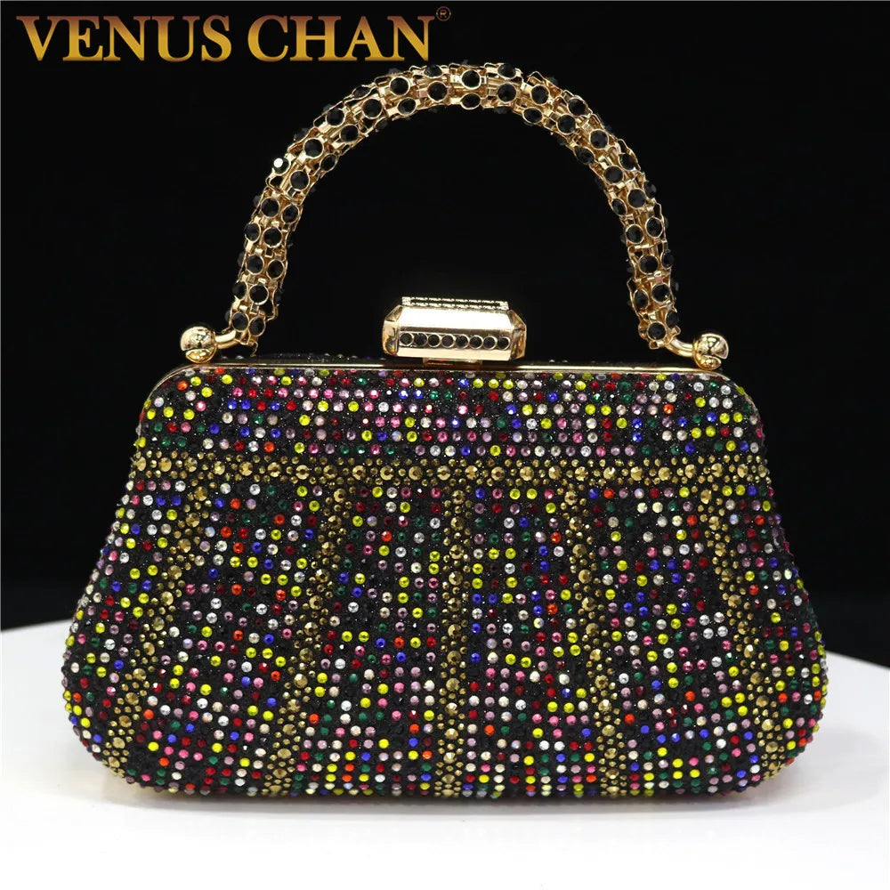 Diamond Minaudiere Clutch - Women's Rhinestone Evening Bag with Chain Strap Handbags The