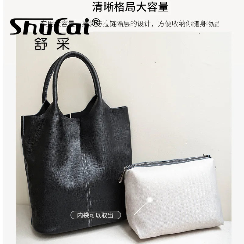 Genuine Leather Bucket Tote - Women's Commuter Shoulder Bag for Work & Weekends Handbags The
