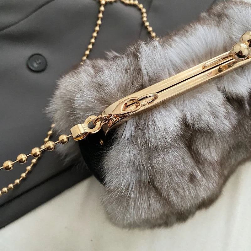 Plush Faux Fur Evening Bag - Women's Chain Crossbody Dinner Clutch Handbags The