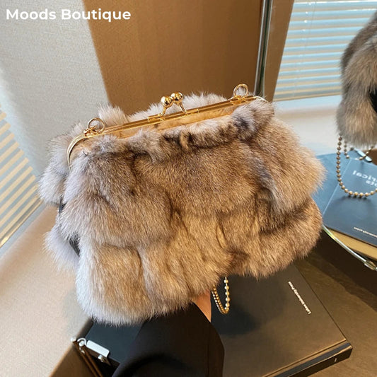 Plush Faux Fur Evening Bag - Women's Chain Crossbody Dinner Clutch Handbags The