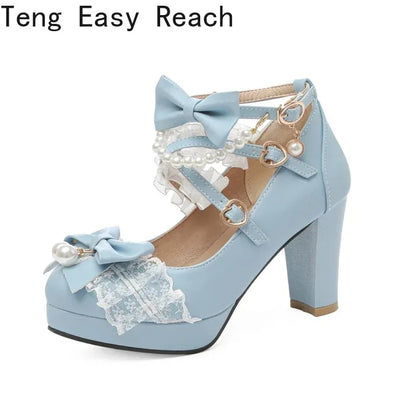 Lolita Bow Mary Jane Pump - Women's Wedding & Cosplay Heels featuring a light blue design with bows and pearls.