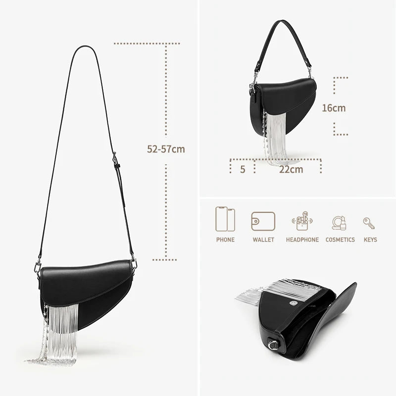 Tassel Saddle Bag - Women's Leather Crossbody Handbag for Chic Everyday Wear Handbags The