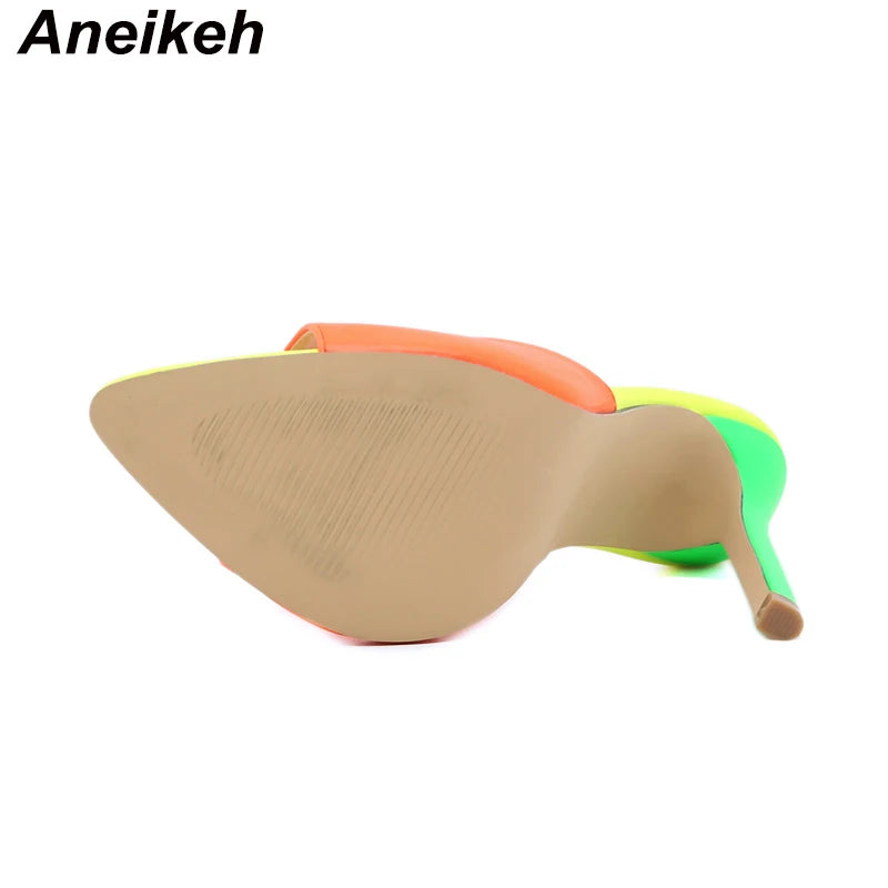 Pointed-Toe Mule Heels - Women's High Heel Party Sandals showcasing a vibrant neon design and high stiletto heel.