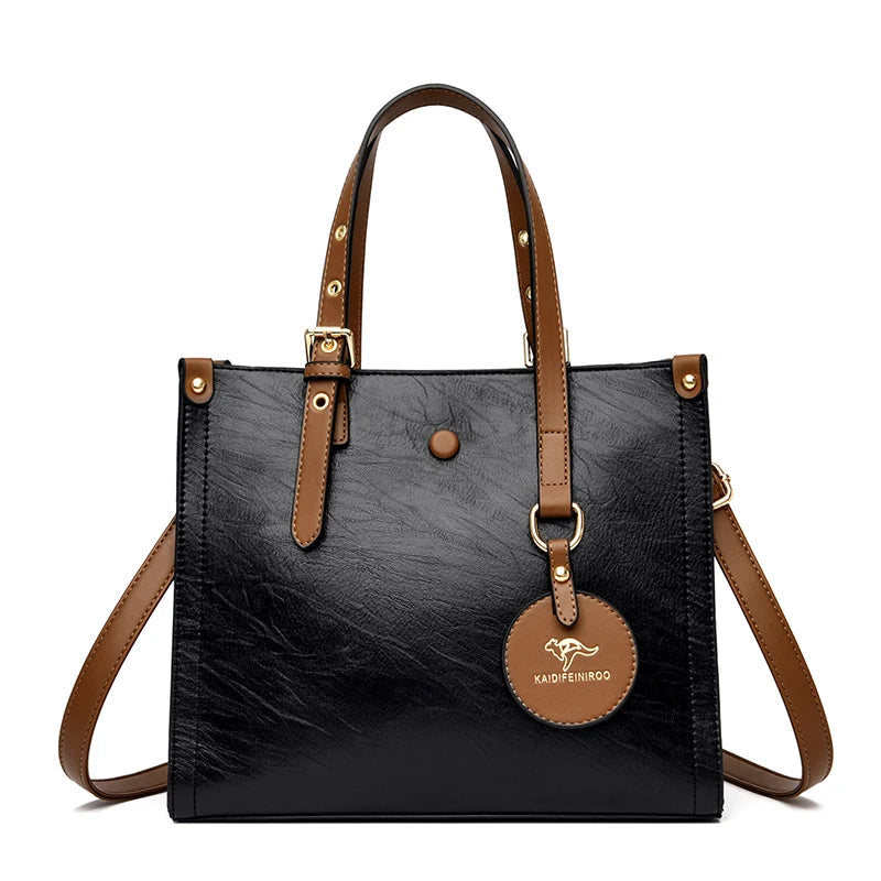 Triple-Compartment Tote Bag - Women's Vintage Leather Carryall for Daily Use Handbags The