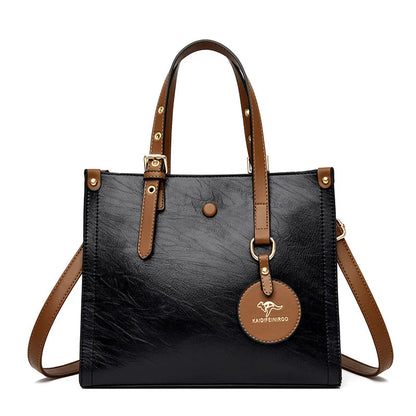 Triple-Compartment Tote Bag - Women's Vintage Leather Carryall for Daily Use Handbags The