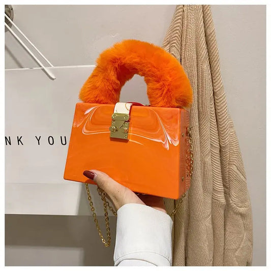 Faux Fur Box Clutch - Women's Designer Evening Bag with Chain Strap Handbags The