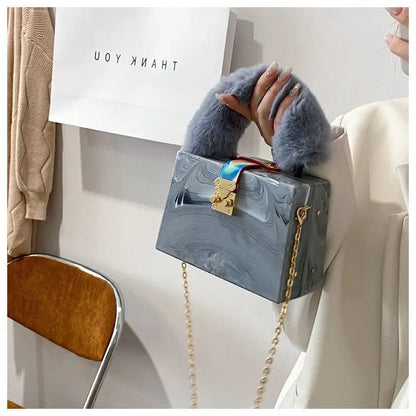 Faux Fur Box Clutch - Women's Designer Evening Bag with Chain Strap Handbags The