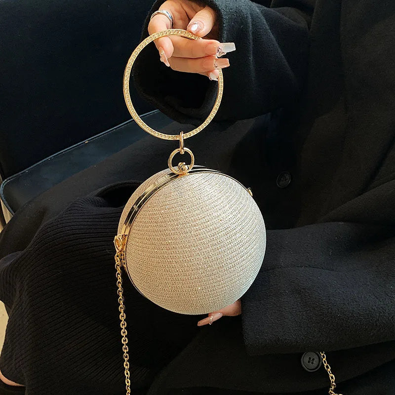 Metallic Round Evening Bag - Women's Ring Handle Wedding Clutch Handbags The