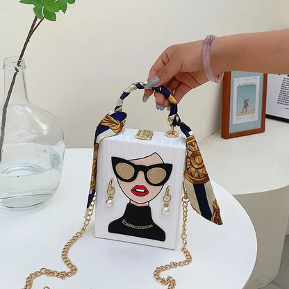 Structured Box Evening Bag - Women's Hard-Shell Party Purse with Chain Strap Handbags The