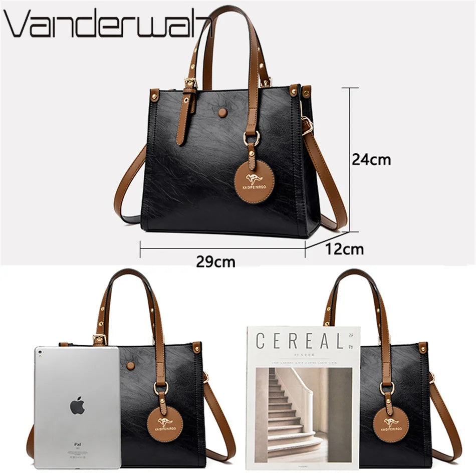 Triple-Compartment Tote Bag - Women's Vintage Leather Carryall for Daily Use Handbags The