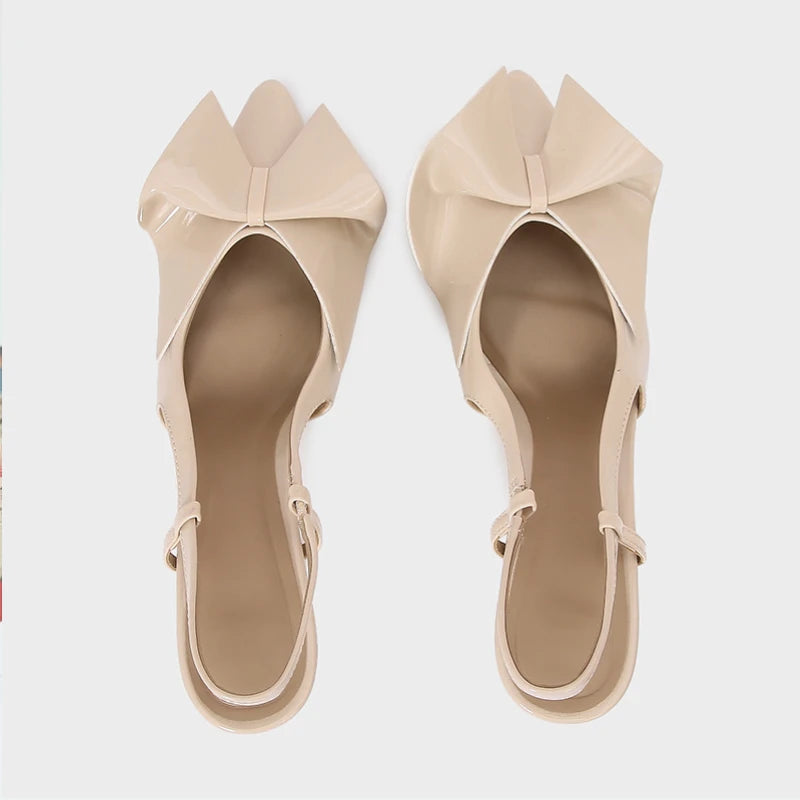 Patent Leather Bow Slingback Heels - Women's Pointed-Toe