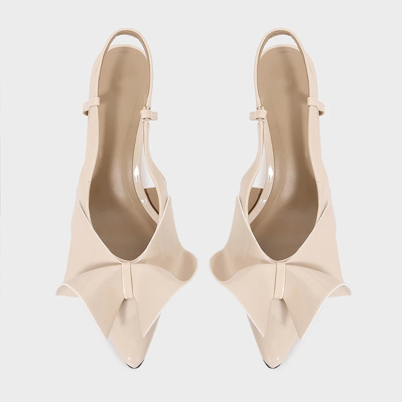 Patent Leather Bow Slingback Heels - Women's Pointed-Toe