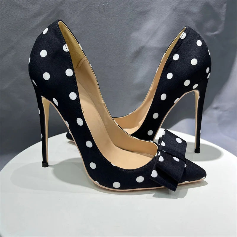 Polka Dot Satin Bow Pumps - Women's Pointed-Toe Designer Heels Handbags The