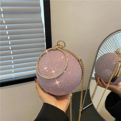 Metallic Round Evening Bag - Women's Ring Handle Wedding Clutch Handbags The