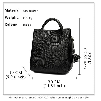 Woven Cowhide Tote Bag - Women's Luxury Commuter Shoulder Handbag Handbags The