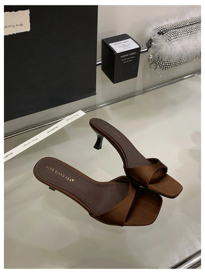 Patent Leather Open-Toe Mule Heels - Women's Slip-On Sandals for Summer Evenings Handbags The