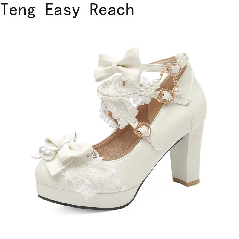 Lolita Bow Mary Jane Pump - Women's Wedding & Cosplay Heels featuring a light blue design with bows and pearls.