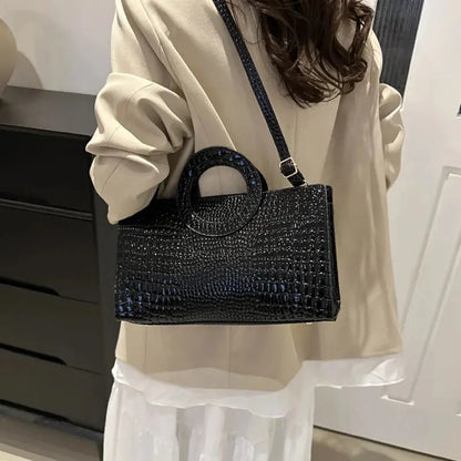 Crocodile-Pattern Square Satchel Bag - Women's PU Leather Shoulder & Messenger Handbag Handbags The