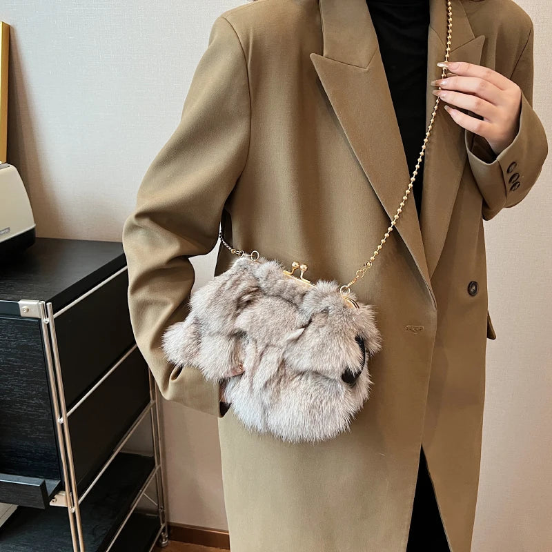 Plush Faux Fur Evening Bag - Women's Chain Crossbody Dinner Clutch Handbags The