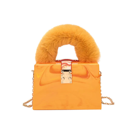 Faux Fur Box Clutch - Women's Designer Evening Bag with Chain Strap Handbags The