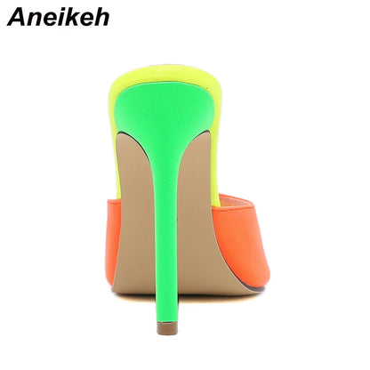 Pointed-Toe Mule Heels - Women's High Heel Party Sandals showcasing a vibrant neon design and high stiletto heel.