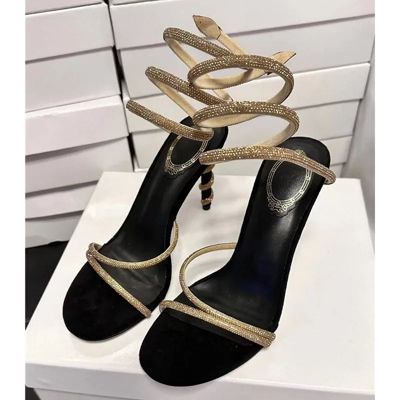 Crystal Snake Wrap Gladiator Heels - Women Party Sandals