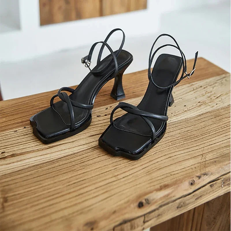 Square-Toe Ankle Strap Heeled Sandals - Women's 7CM Dress Shoes for Parties Handbags The