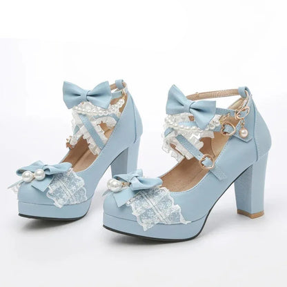 Lolita Bow Mary Jane Pump - Women's Wedding & Cosplay Heels featuring a light blue design with bows and pearls.