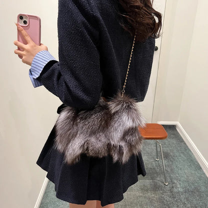 Plush Faux Fur Evening Bag - Women's Chain Crossbody Dinner Clutch Handbags The