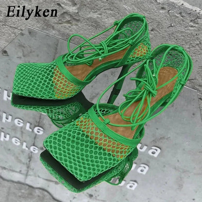 Mesh Lace-Up Square-Toe Heels - Women's Party Sandals in vibrant green color with lace-up design.