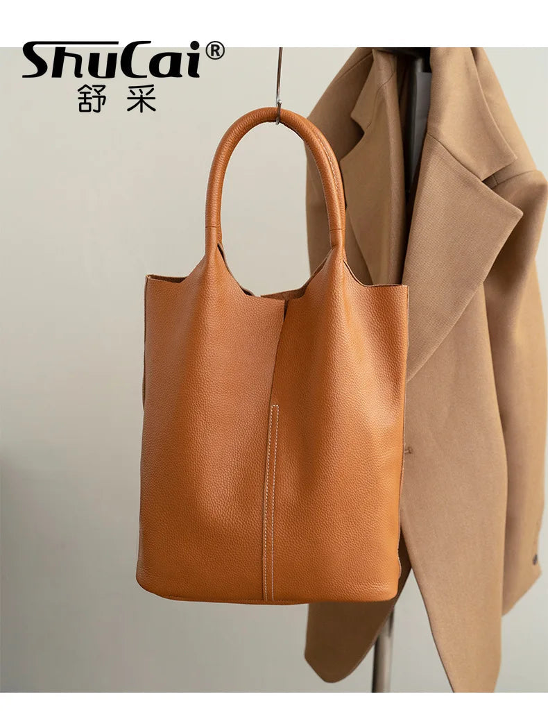 Genuine Leather Bucket Tote - Women's Commuter Shoulder Bag for Work & Weekends Handbags The