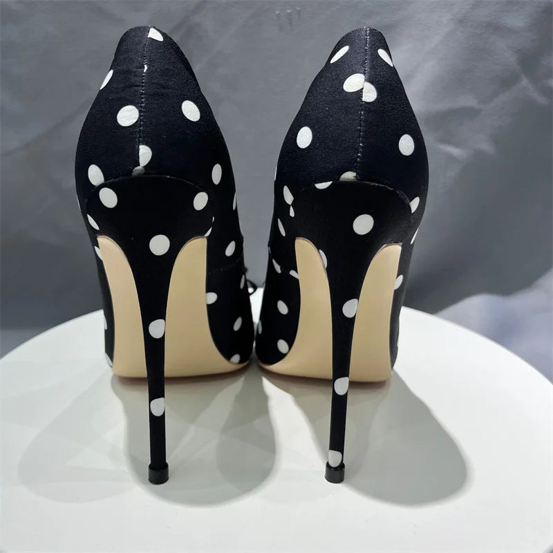 Polka Dot Satin Bow Pumps - Women's Pointed-Toe Designer Heels Handbags The