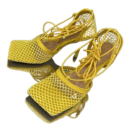 Mesh Lace-Up Square-Toe Heels - Women's Party Sandals in vibrant green color with lace-up design.
