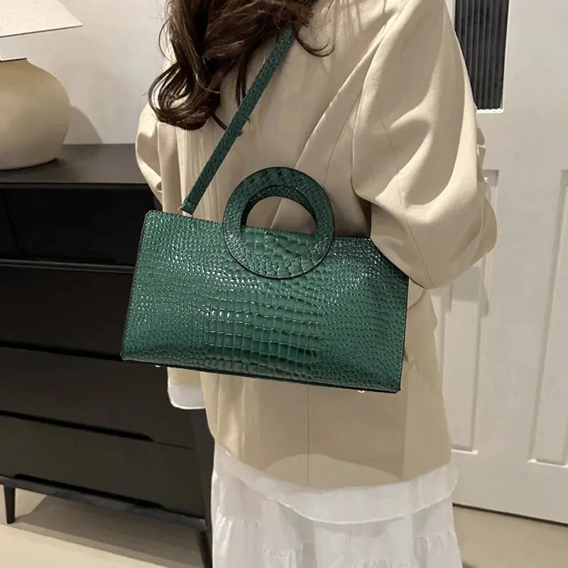 Crocodile-Pattern Square Satchel Bag - Women's PU Leather Shoulder & Messenger Handbag Handbags The
