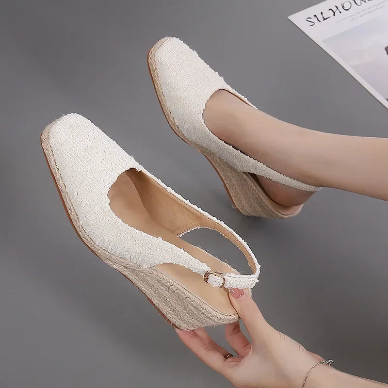 Square-Toe Espadrille Wedge Sandals - Women's Platform Heels in cream color with slingback design.